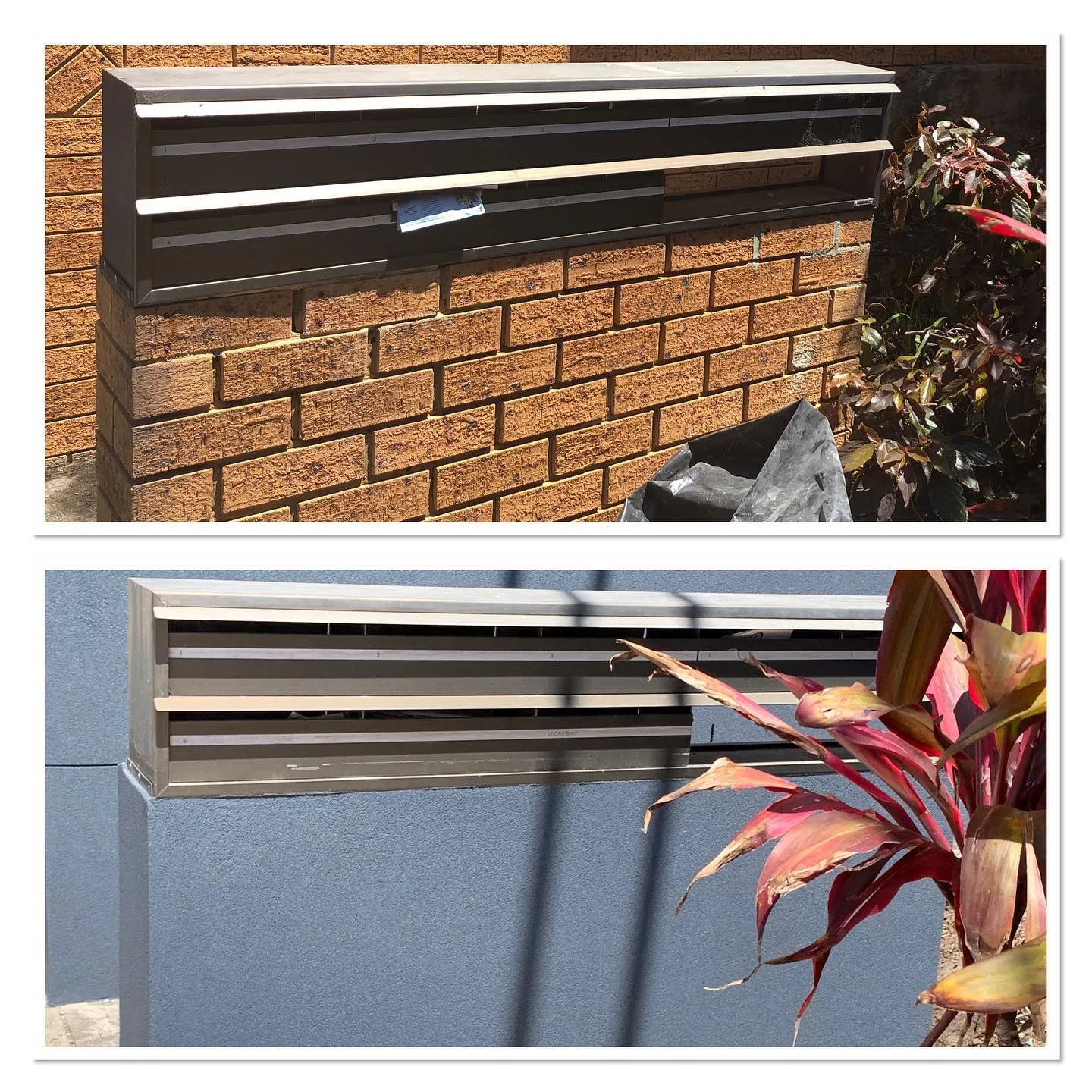 Before and after: face-brick wall rendered in smooth grey