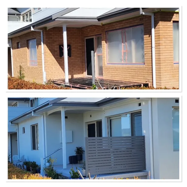 Brick home before and after a smooth grey render