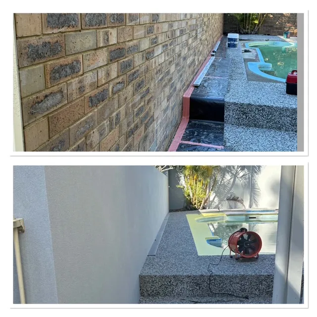 Brick pool wall before and after grey render