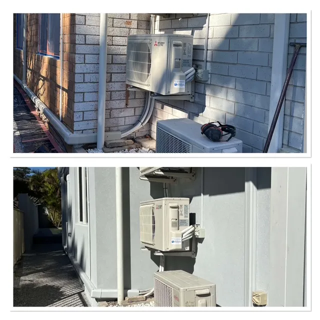Brick wall beside air-conditioning units before and after render