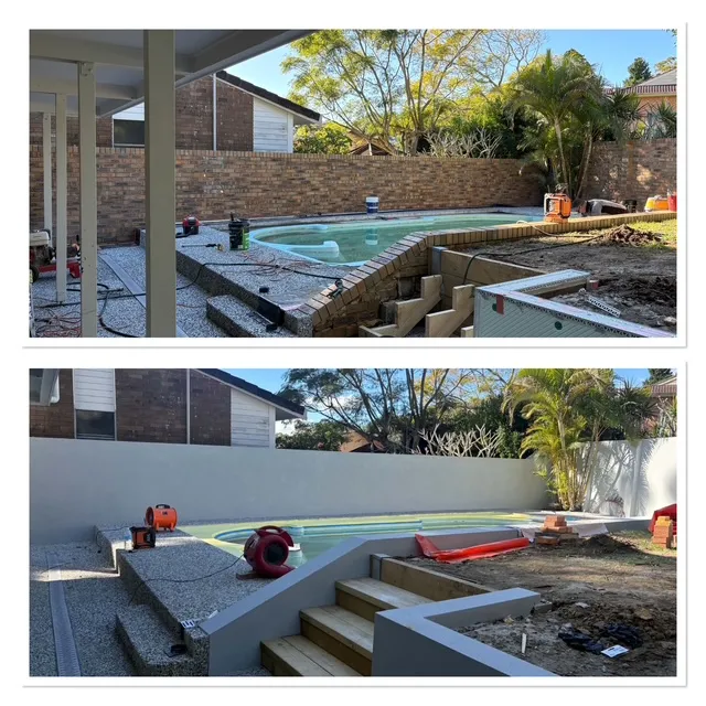 Poolside brick retaining walls before and after render