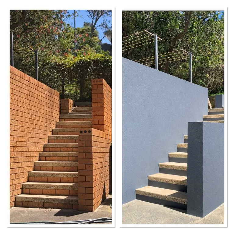 Before and after of a brick stairwell wall finished in grey texture coating
