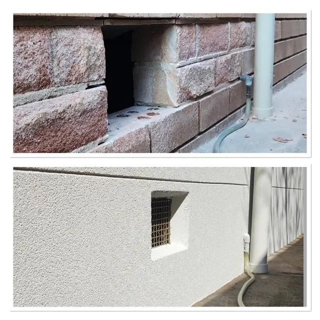 Face brick wall before and after a textured render finish