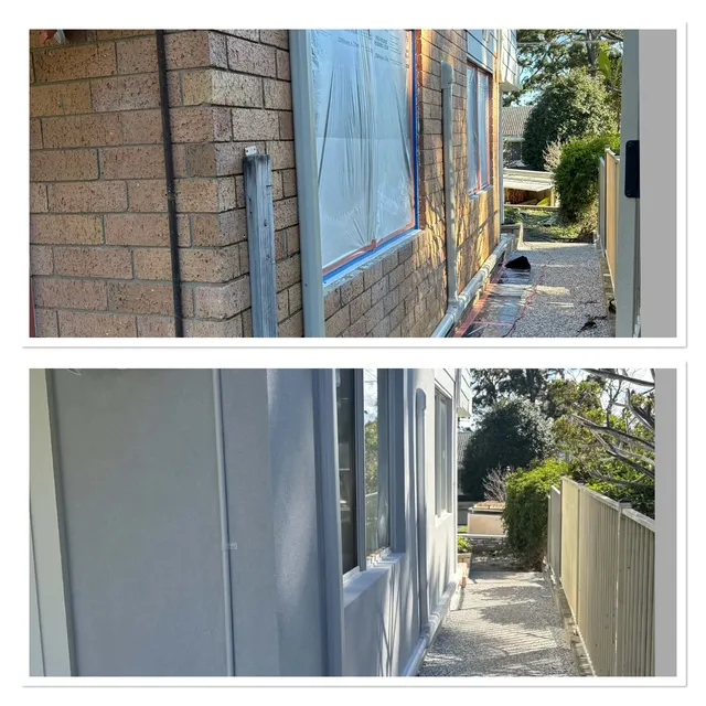 Brick side wall before and after grey render