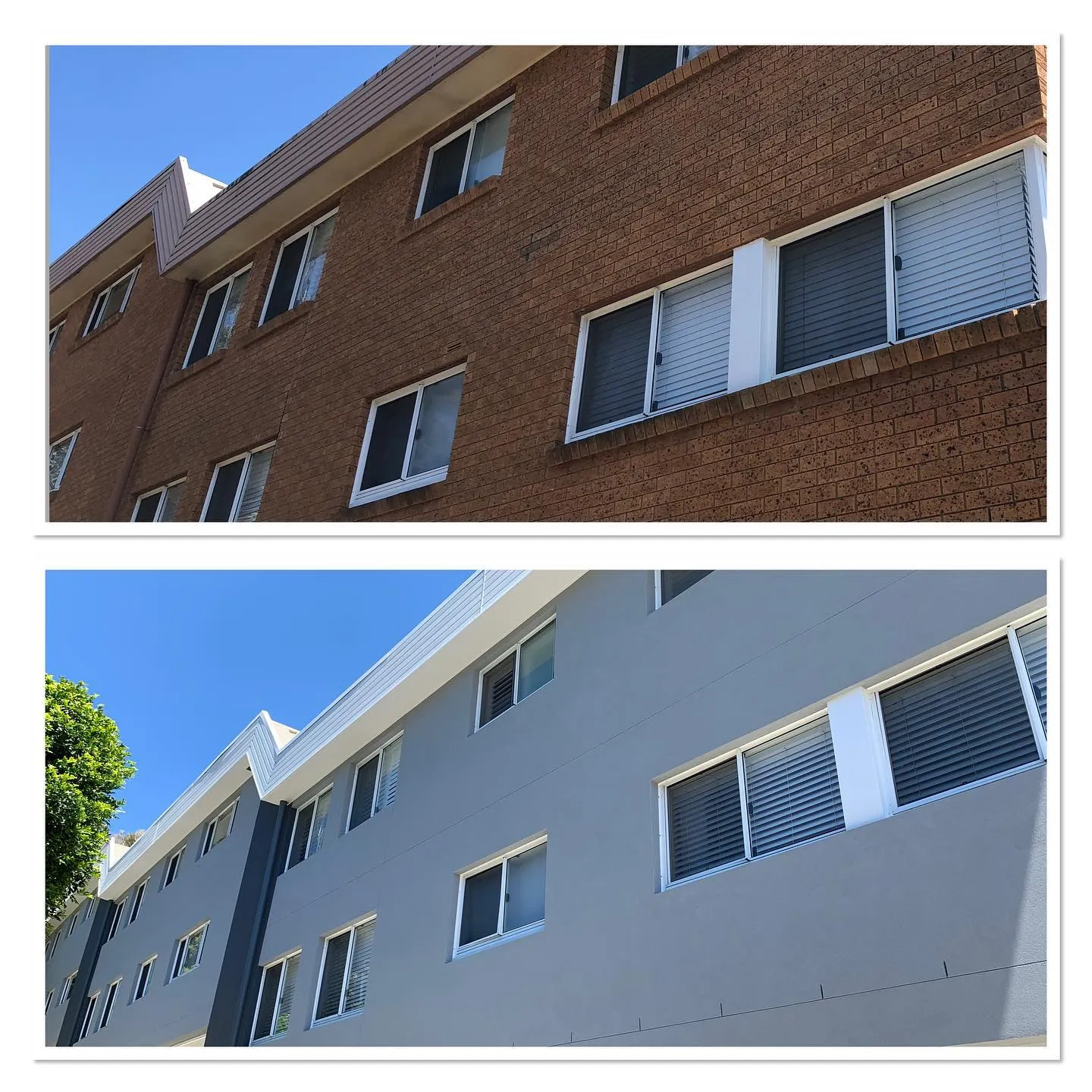 Before and after: red-brick apartment block rendered in light grey