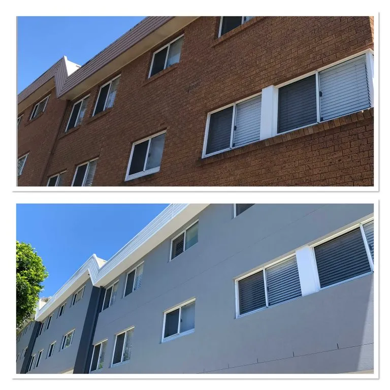 Before and after of a brick apartment block transformed with exterior cement render